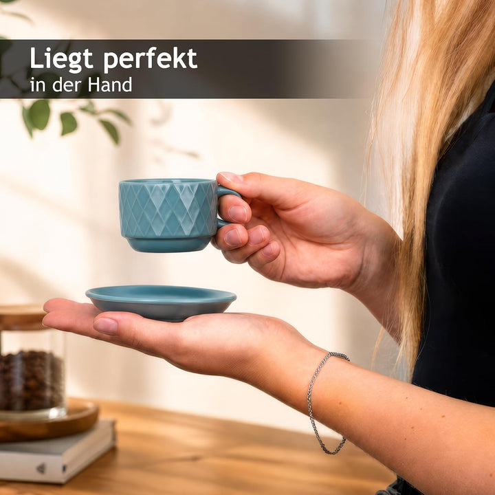 MIAMIO – 6 x 75 ml Espresso Tassen/Espressotassen Set mit Ständer Steingut Keramik - Palmanova Kolle