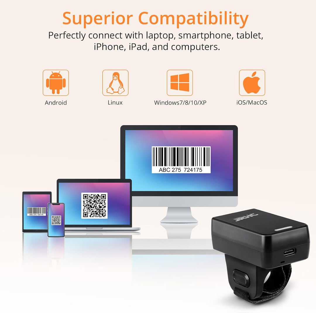 1D 2D Bluetooth Finger Strichcode Scanner Kabellos, Tragbarer Mini Barcode Lesegerät mit 3-in-1 Blue