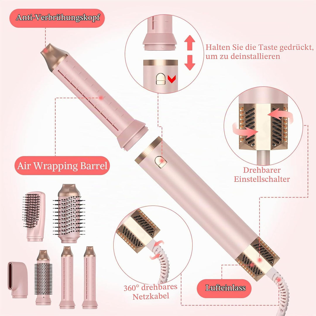 Hairstyler 6 in 1, Professioneller Haarstyler, 110000 U/Min Airstyler Set mit Auto Lockenstäbe, Föhn