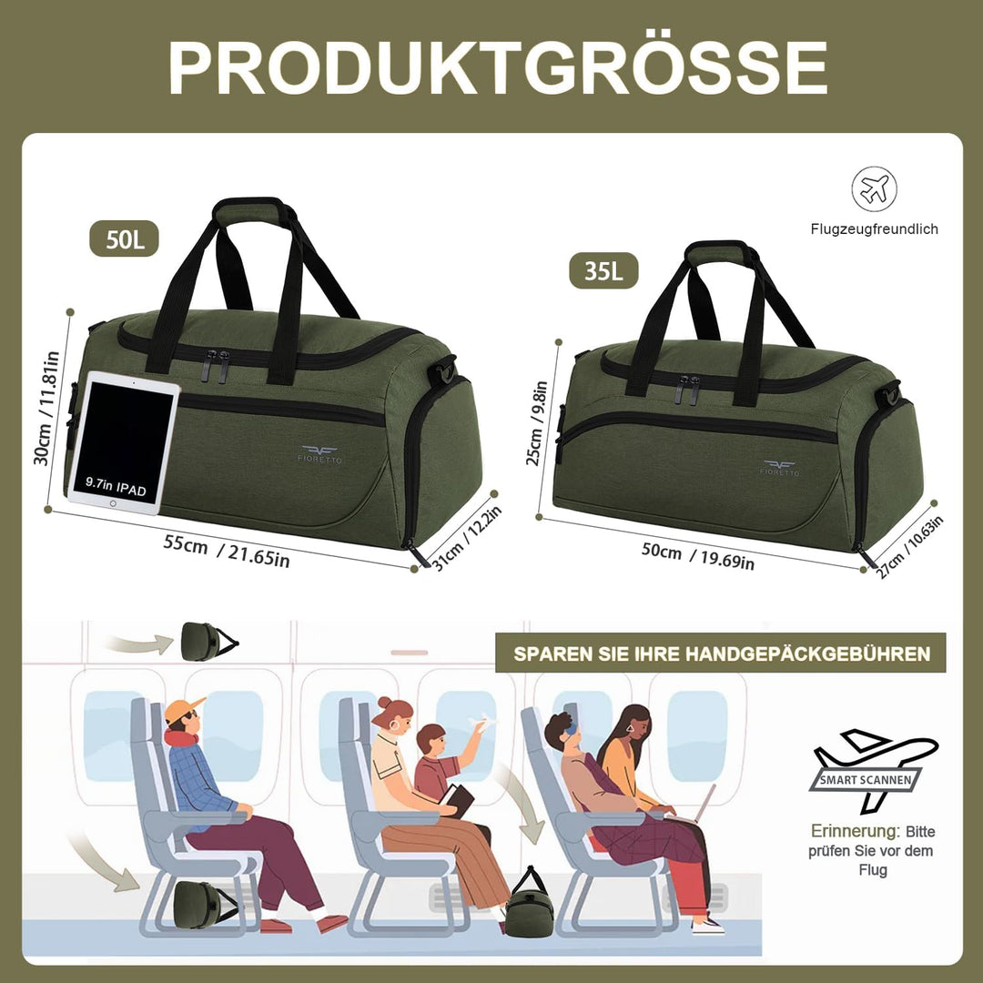 FIORETTO 35L Sporttasche &amp; Reisetasche für Damen und Herren, mit Schuhfach &amp; Nassfach, Wasserdicht T