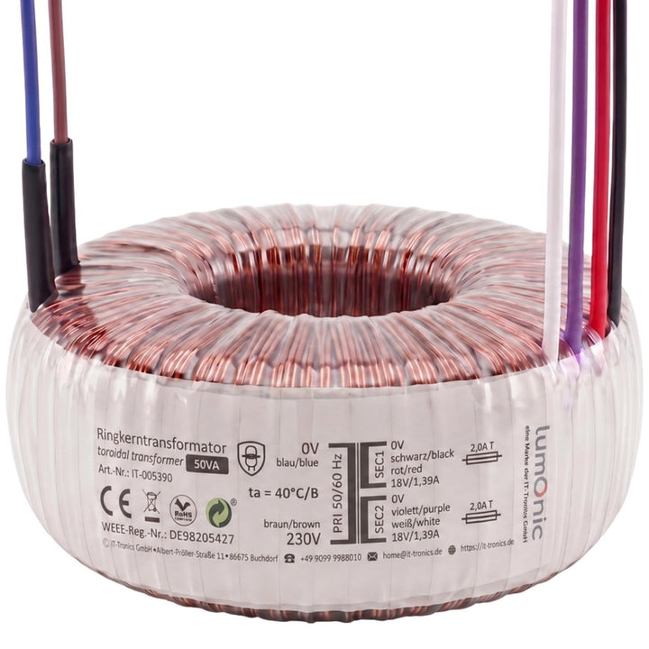 Sedlbauer Ringkerntrafo Transformator 50VA 2x18V für Audio, Industrie, Halogen und Schienensysteme -