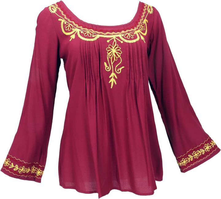 GURU SHOP Bestickte Elfenbluse, Boho Damenbluse 38 Weinrot, 38 Weinrot
