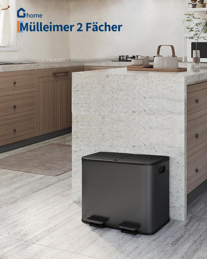 Mülleimer Küche 2 x 15 L aus Edelstahl, 2 Fächer Treteimer mit Softclose-Deckel, Abfalleimer mit Rut