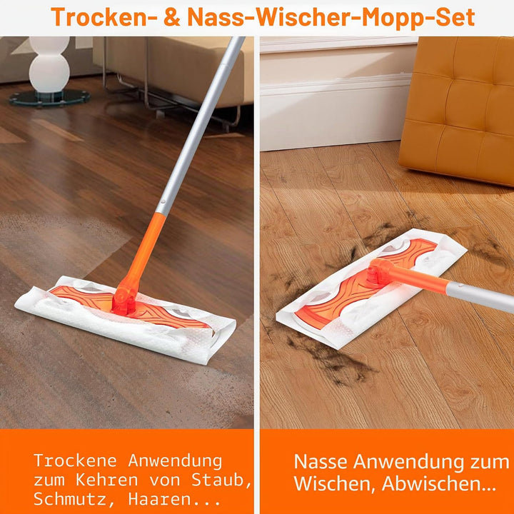JEHONN Bodenwischer Nass für Swiffer Pads, 2-in-1 Wet Dry Starterset, Feuchte Bodentücher mit 10 Tro