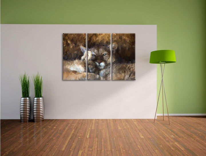 Pixxprint verschlafenes Puma Paar Kunst als Leinwandbild/Grösse: 3 Teilig (120x80 cm) cm/Wandbild/Ku