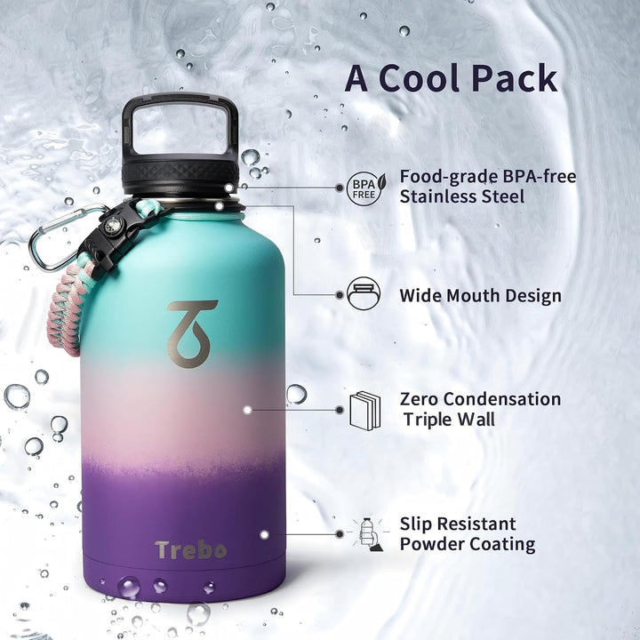 Trebo Wasserflasche 1.8 l mit Paracord-Griff, halbe Gallone, lebensmittelechter, doppelwandiger Vaku
