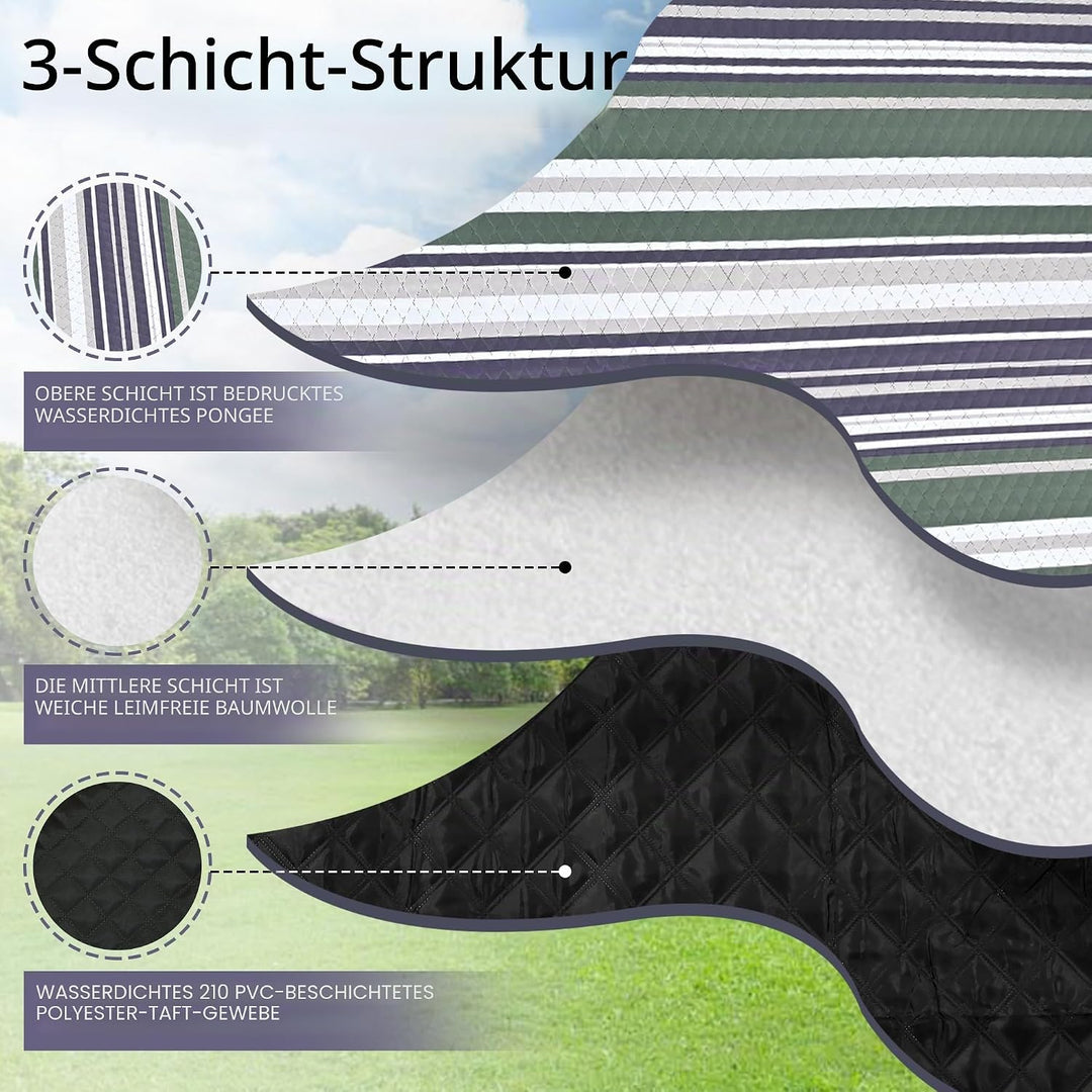 HX&OD Outdoor-Picknickdecke, extra gross, 203 x 152 cm, wasserdichte Picknickmatte mit Heringen, fal