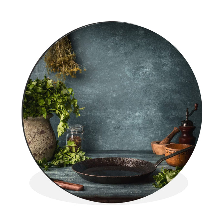 MuchoWow Wandbild Rund Wanddeko Deko Wohnzimmer Bilder 30x30 cm Kräuter - Gewürze - Pfanne - Messer