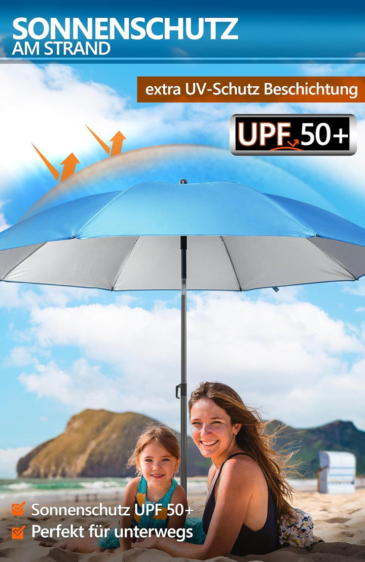 4smile Sonnenschirm Strand SunnyJoy, 3-in-1 SET, Blau - UPF 50+ Strandschirm Ø 180 cm + Sonnenschirm