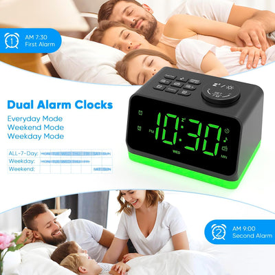 AFEXOA Digital Radiowecker mit 2 Ladestation für Handys, mit Licht, Dual-Wecker, 8 White Noise, Tisc