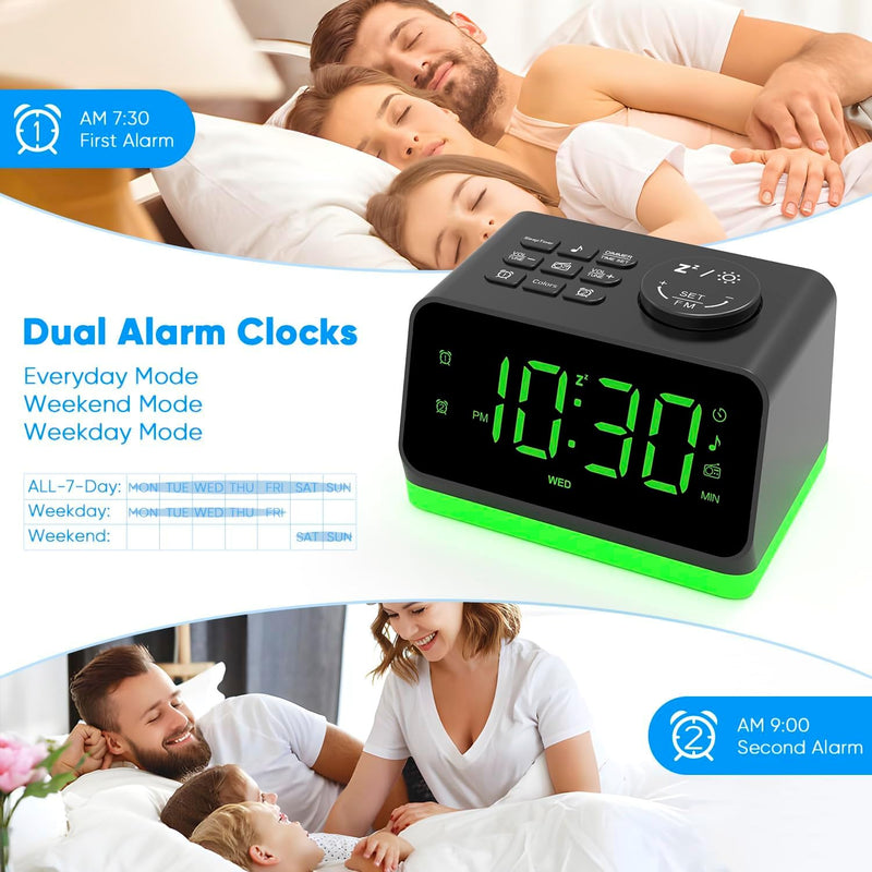 AFEXOA Digital Radiowecker mit 2 Ladestation für Handys, mit Licht, Dual-Wecker, 8 White Noise, Tisc