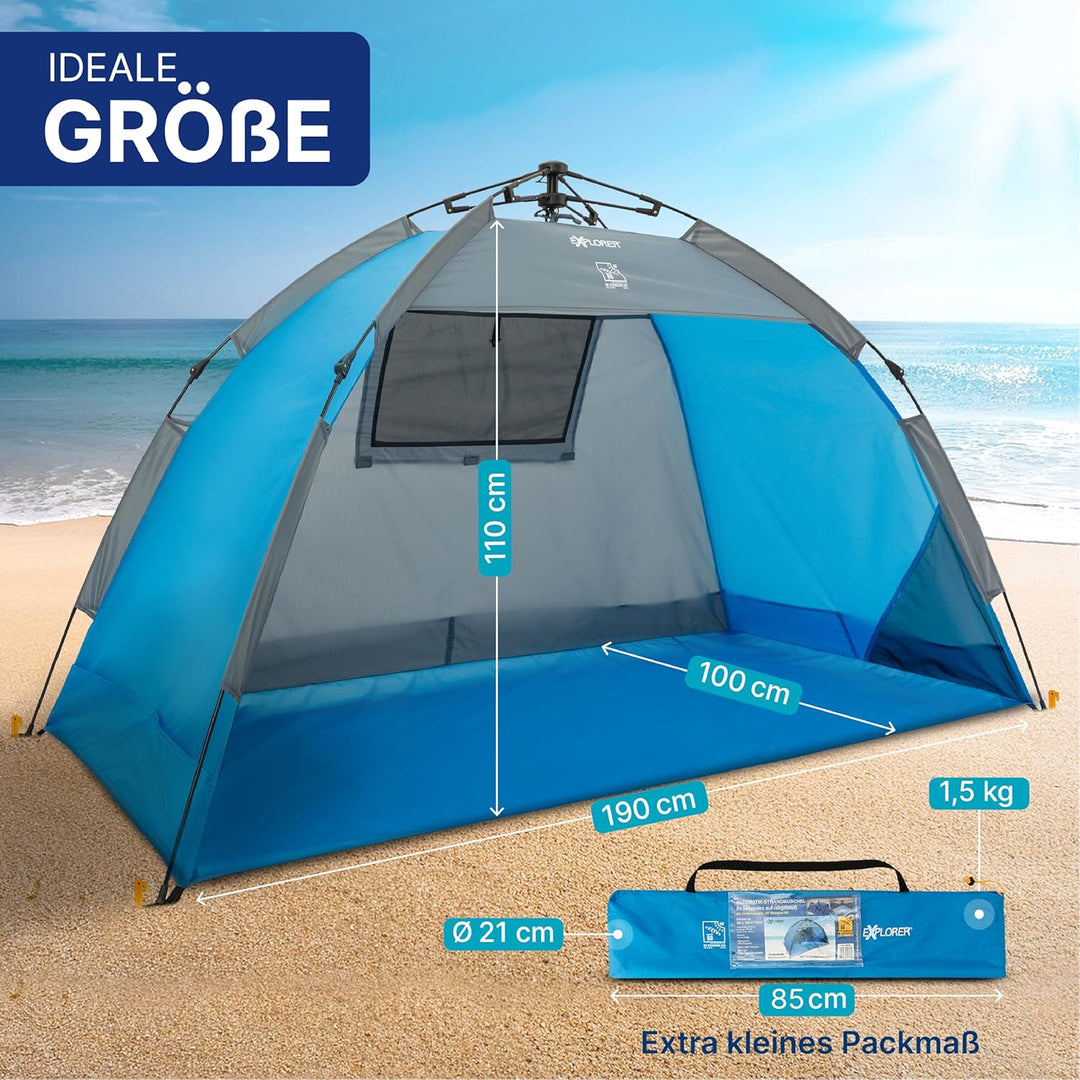EXPLORER Automatik Strandmuschel mit UV Schutz 80+ [190x100x110cm] kleines Packmass leicht und schne