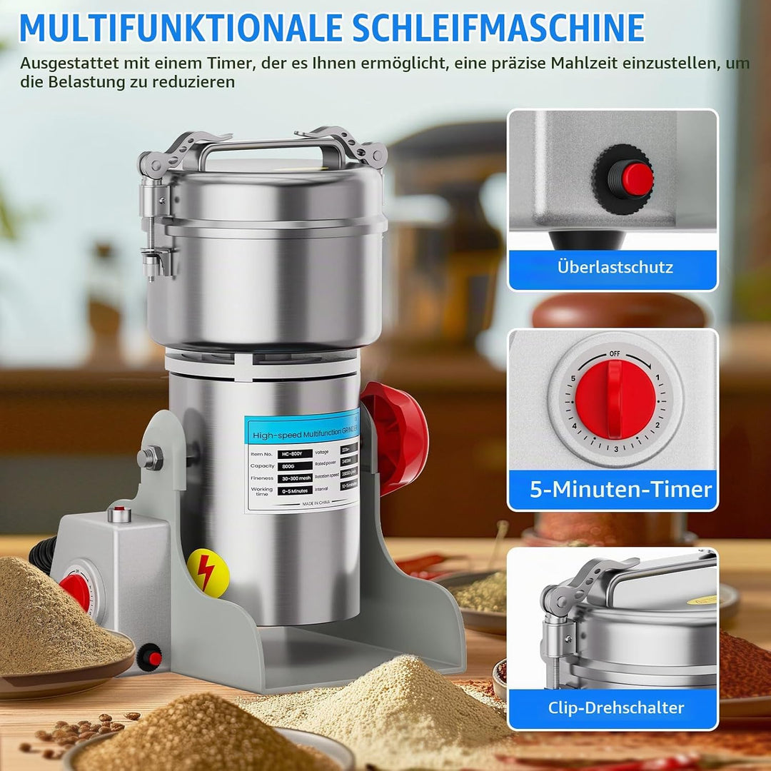 Elektrische Getreidemühle 800g – 2400W Hochleistungsmotor, 30-300 Mesh Feinheit, 3-stufiges Messersy