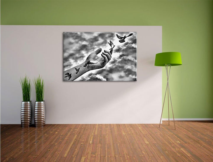Pixxprint Monocrome, Vögel fliegen in die Freiheit, Format: 100x70 auf Leinwand, 100x70