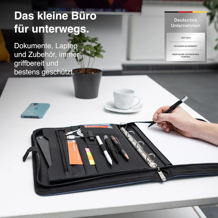 Vebon® Schreibmappe Ringbuch A4 Berlin I Reissverschluss + Klemmbrett I Konferenzmappe + Laptoptasch
