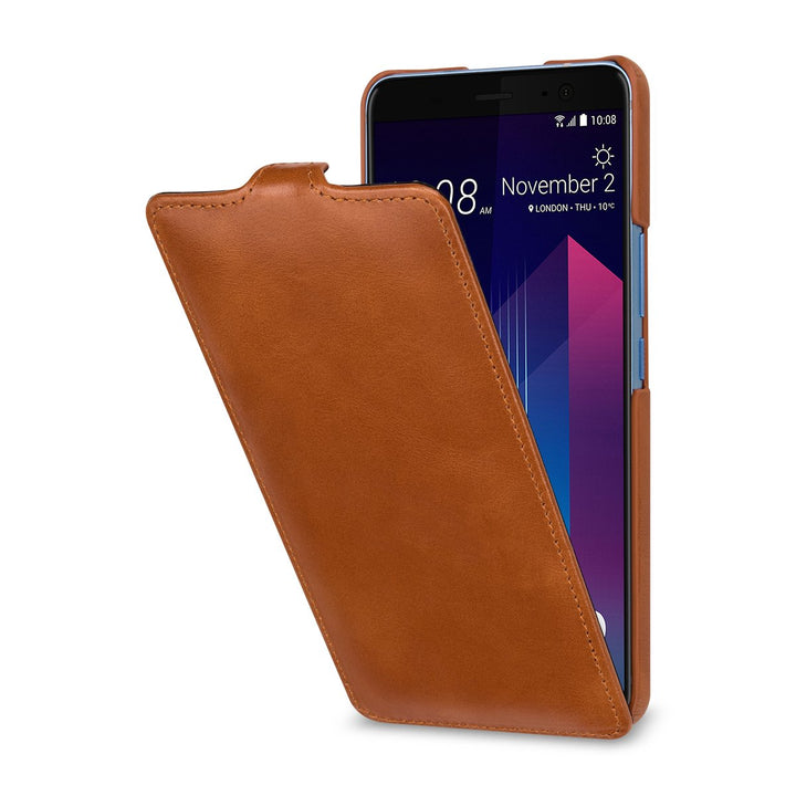 STILGUT UltraSlim Case Hülle Leder-Tasche für HTC U11+ (U11 Plus). Dünnes Flip-Case vertikal klappba