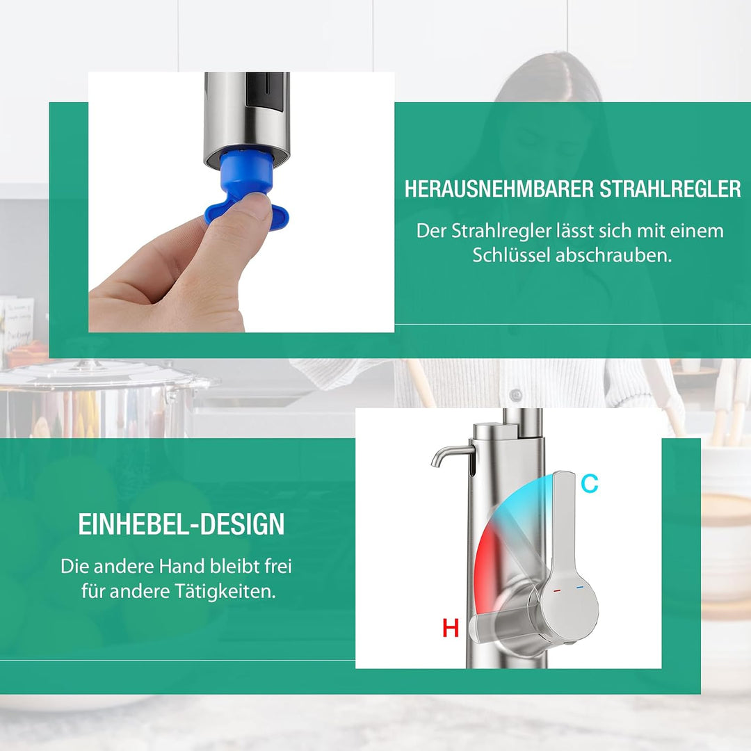 CREA Wasserfall Wasserhahn Küche Ausziehbar,Mischbatterie Edelstahl Küche mit Seifenspender,360° Dre