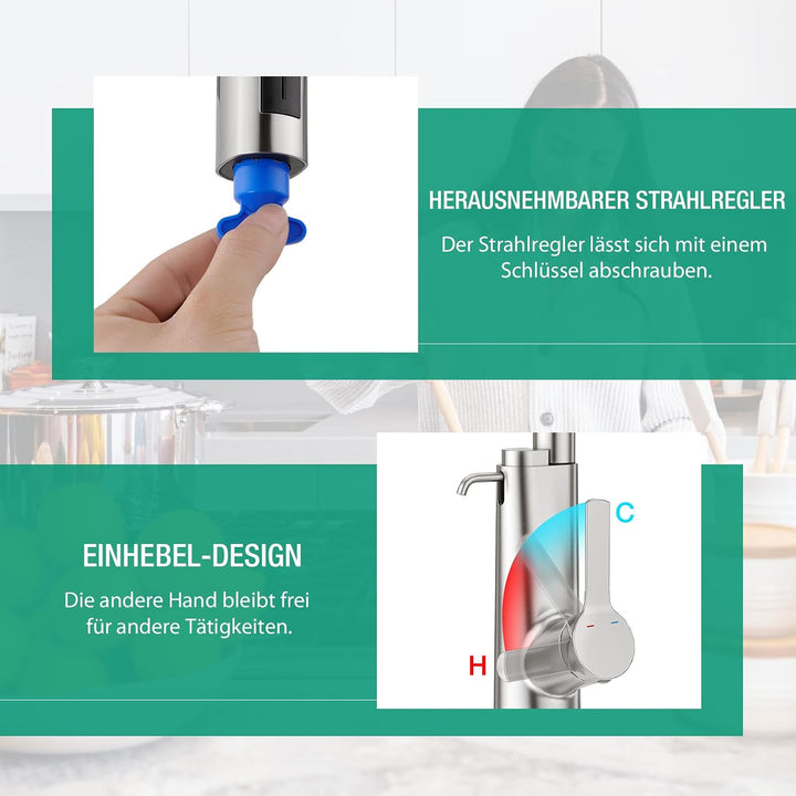 CREA Wasserfall Wasserhahn Küche Ausziehbar,Mischbatterie Edelstahl Küche mit Seifenspender,360° Dre