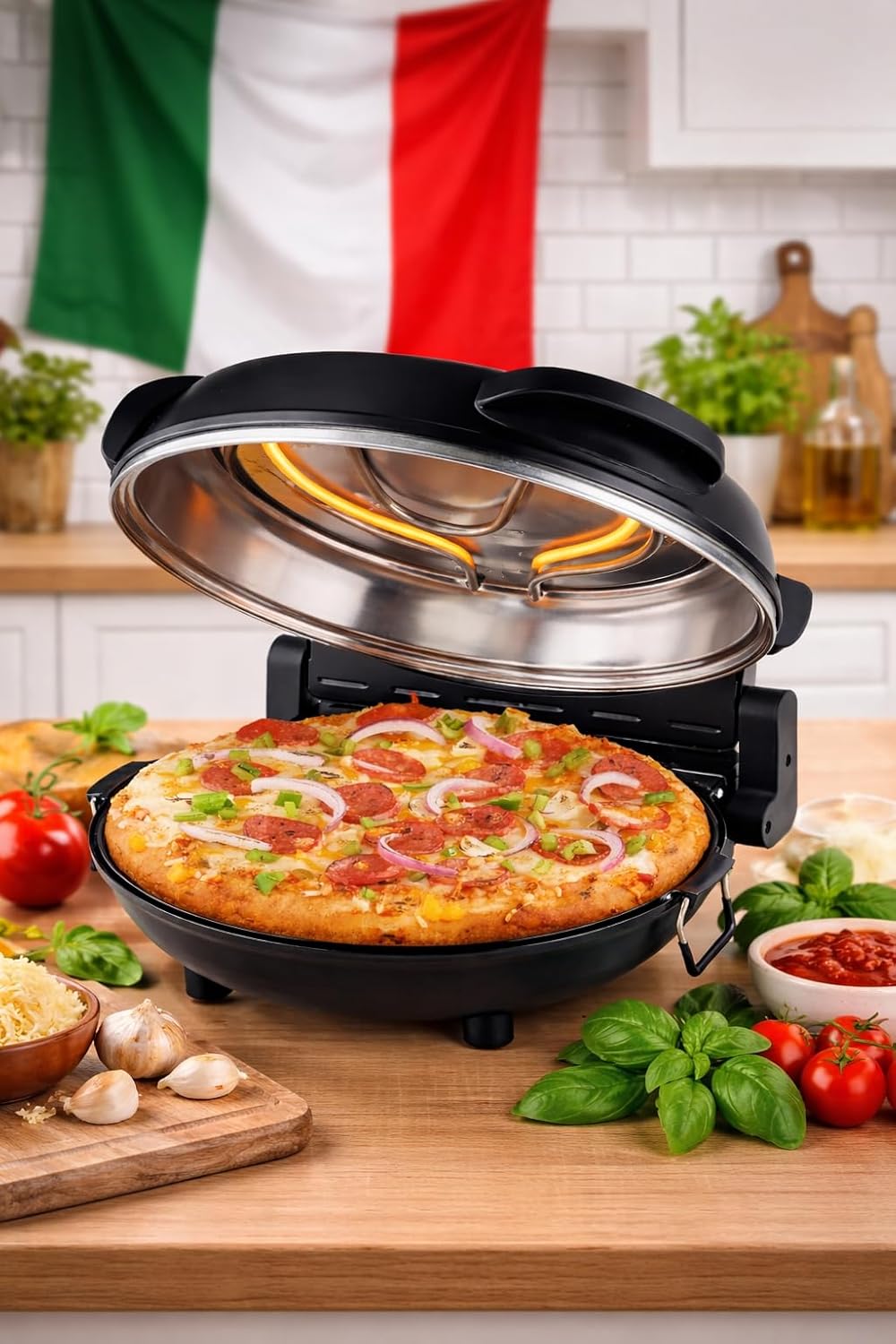 ELTA Pizzaofen Mini Back Ofen - Pizzamaker - Pizza Ofen - 42 cm - extra grosses Sichtfenster mobiler