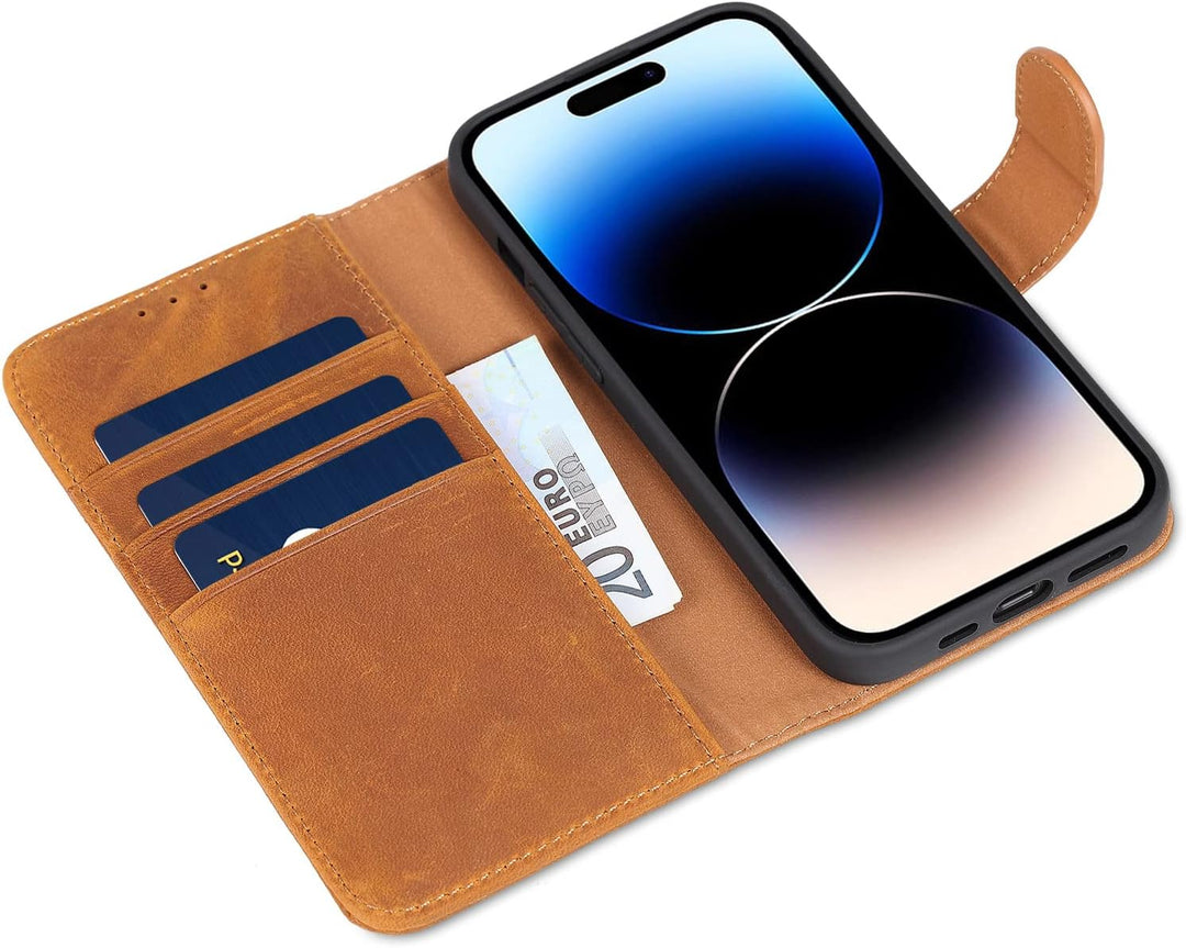 LENSUN Echtleder Hülle für iPhone 14 Pro, Handyhülle [Echtes Leder][Magnetverschluss][RFID Schutz] H