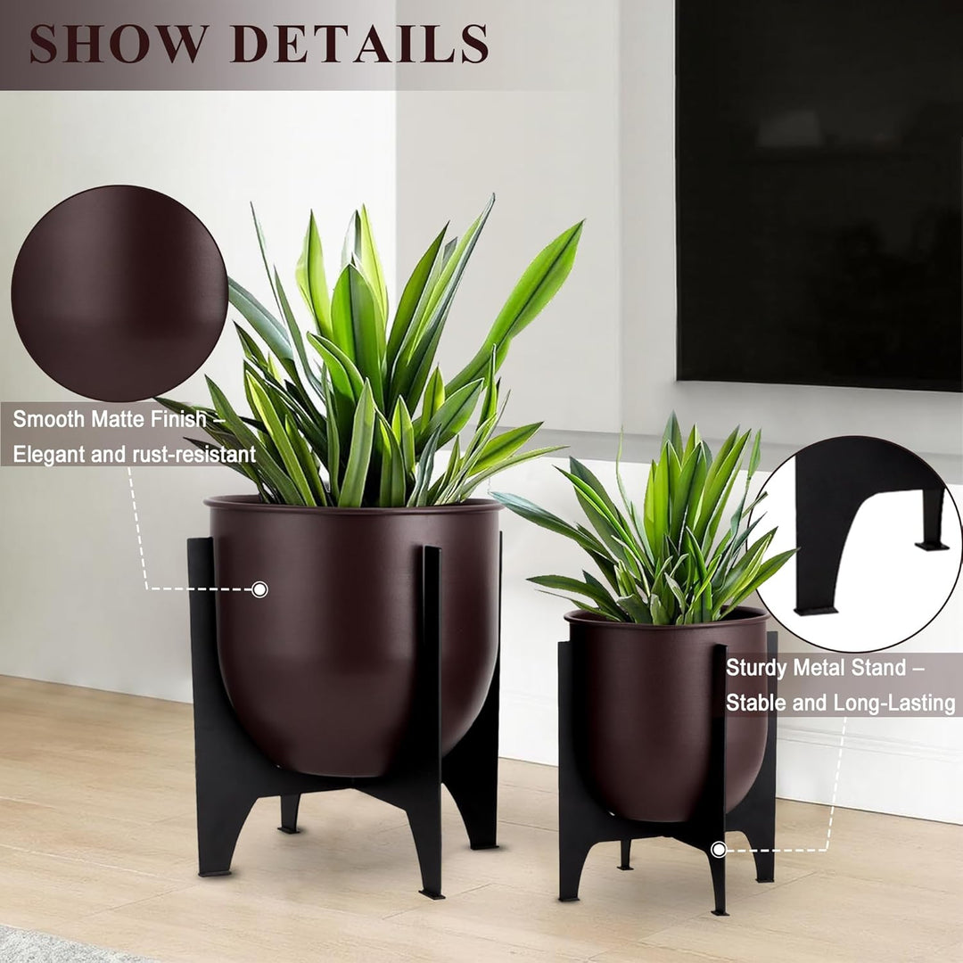 TRIROCKS 2er Set Blumentöpfe mit Metallständer 28/22cm Modern Indoor & Outdoor Pflanzgefässe für Woh