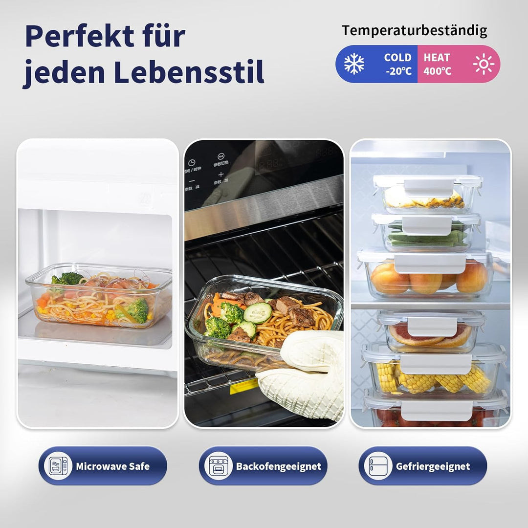 Meal Prep Boxen Glas, Glasdosen mit Deckel Set, Frischhaltedosen Glas mit Auslaufsicherer Verschluss