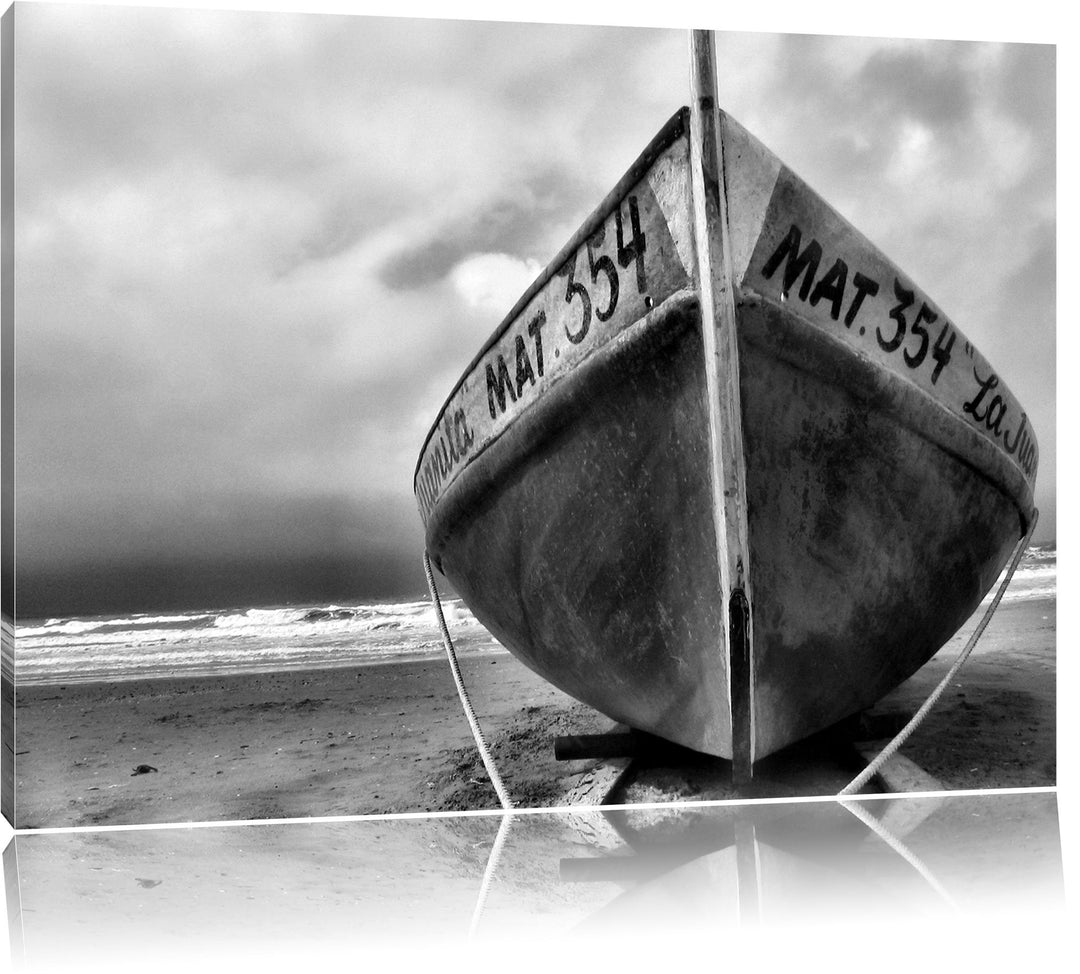 Pixxprint Monocrome, kleines Segelboot am Strand, Format: 100x70 auf Leinwand, 100x70