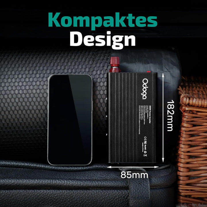 Odoga Wechselrichter 12V auf 230V – 500W Spannungswandler, Stromwandler mit 3A USB-A & USB-C Anschlü