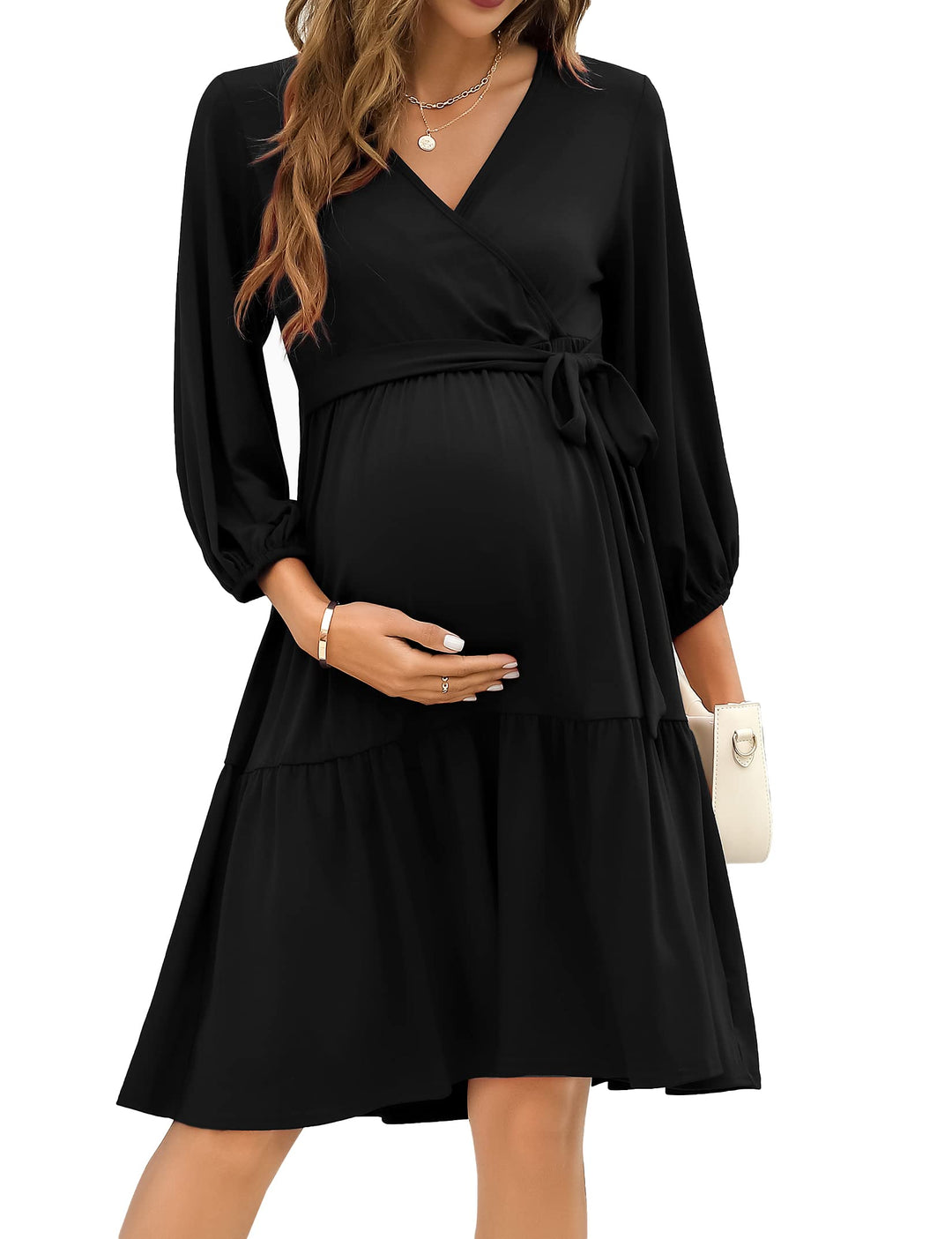 KOJOOIN Damen Umstandskleid V-Ausschnitt 3/4 Ärmel Stillkleid Rüschen Schwangerschafts Kleider mit G