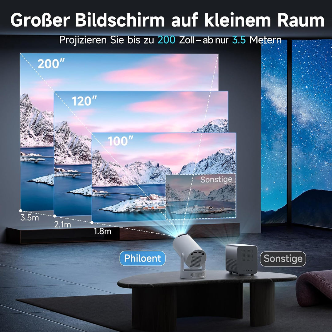 Mini Beamer, Philoent Smart Projektor 4K/1080P Unterstützt Neueste Apps WiFi 6 Bluetooth 5.4 Auto Sc