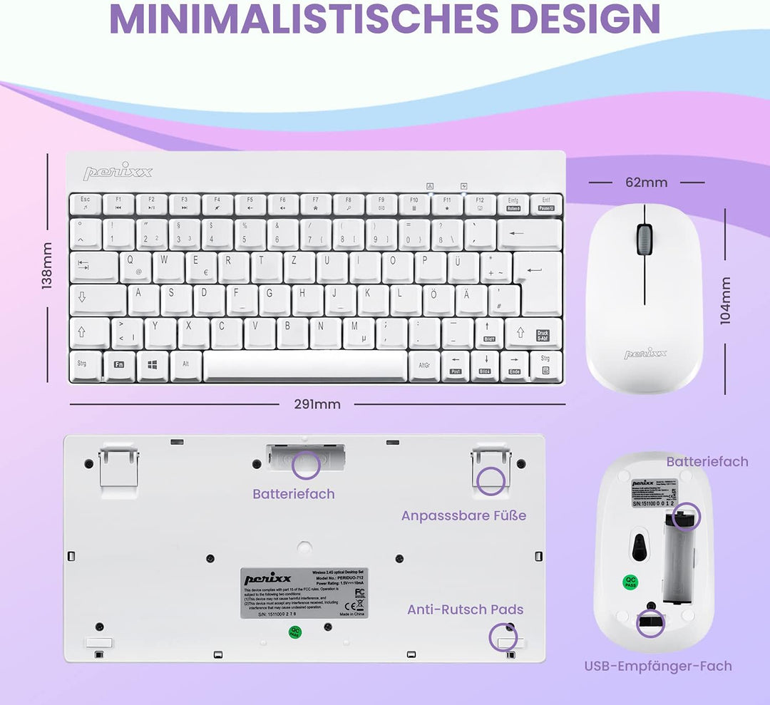 Perixx PERIDUO-712, Kabelloses Mini Tastatur und Maus Set - Minigrösse - mit Nano Receiver - 2.4Gh -