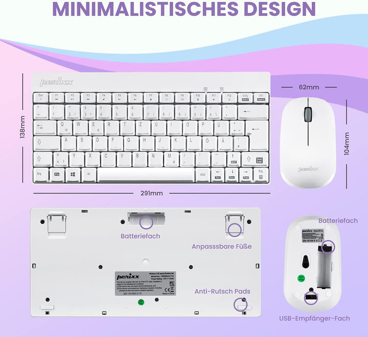 Perixx PERIDUO-712, Kabelloses Mini Tastatur und Maus Set - Minigrösse - mit Nano Receiver - 2.4Gh -
