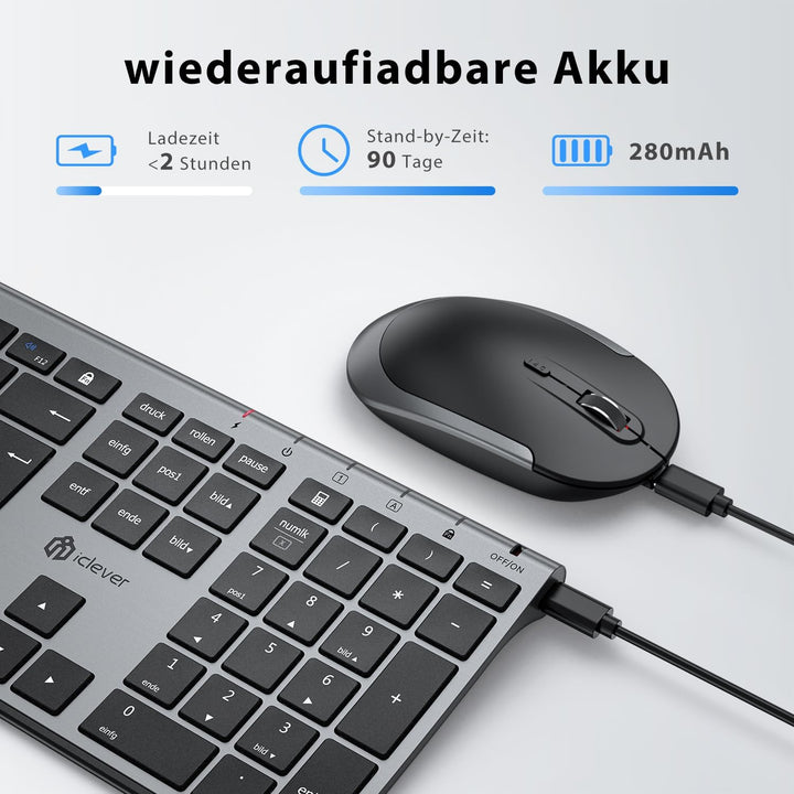 iClever 2.4G kabellose Tastatur und Maus Set, USB-C wiederaufladbar, Originalgrösse, schlanke, dünne