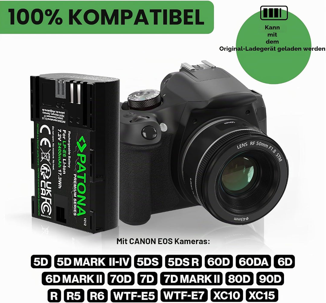 PATONA Premium Akku LP-E6 2000mAh Kompatibel mit Canon EOS R 7D 6D 5D Mark II III 80D