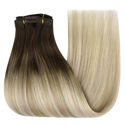 YoungSee Echthaar Extensions Clip Balayage Clip in Extensions Echthaar Braun Blond 35cm Extensions C