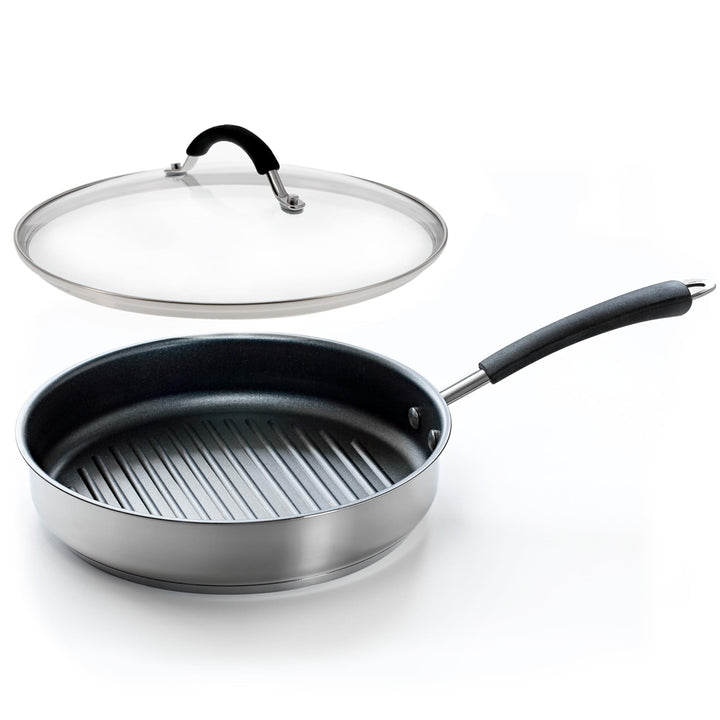 Coolinato Set aus Grillpfanne 26cm mit Glasdeckel, beschichtete Pfanne mit Deckel, Grillplatte rund