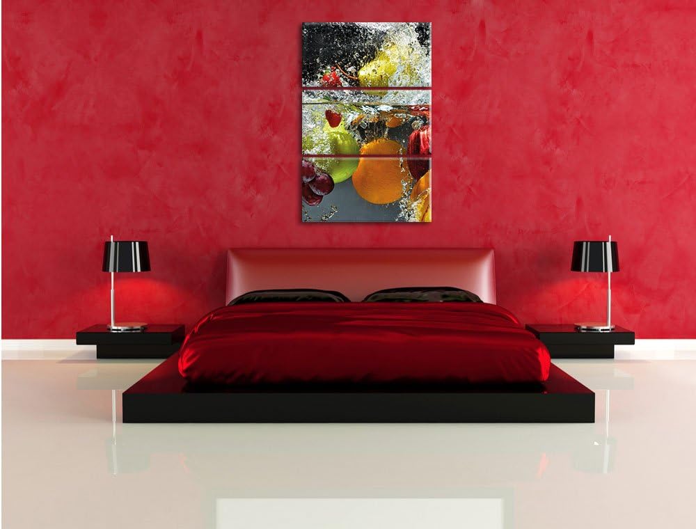 Pixxprint Früchte Fallen ins Wasser als Leinwandbild - Grösse: 3-Teilig (120x80cm) - Wandbild - Kuns