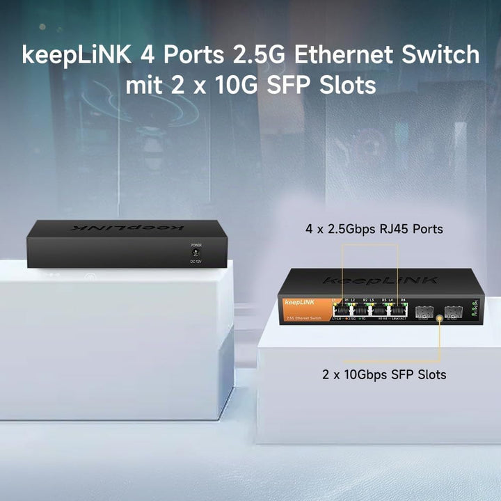 6-Port 2,5G Switch, Nicht verwaltet, 4 x 2,5GBASE-T-Ports und 2 x 10GBASE-T-SFP-Steckplätze, 60 Gbit