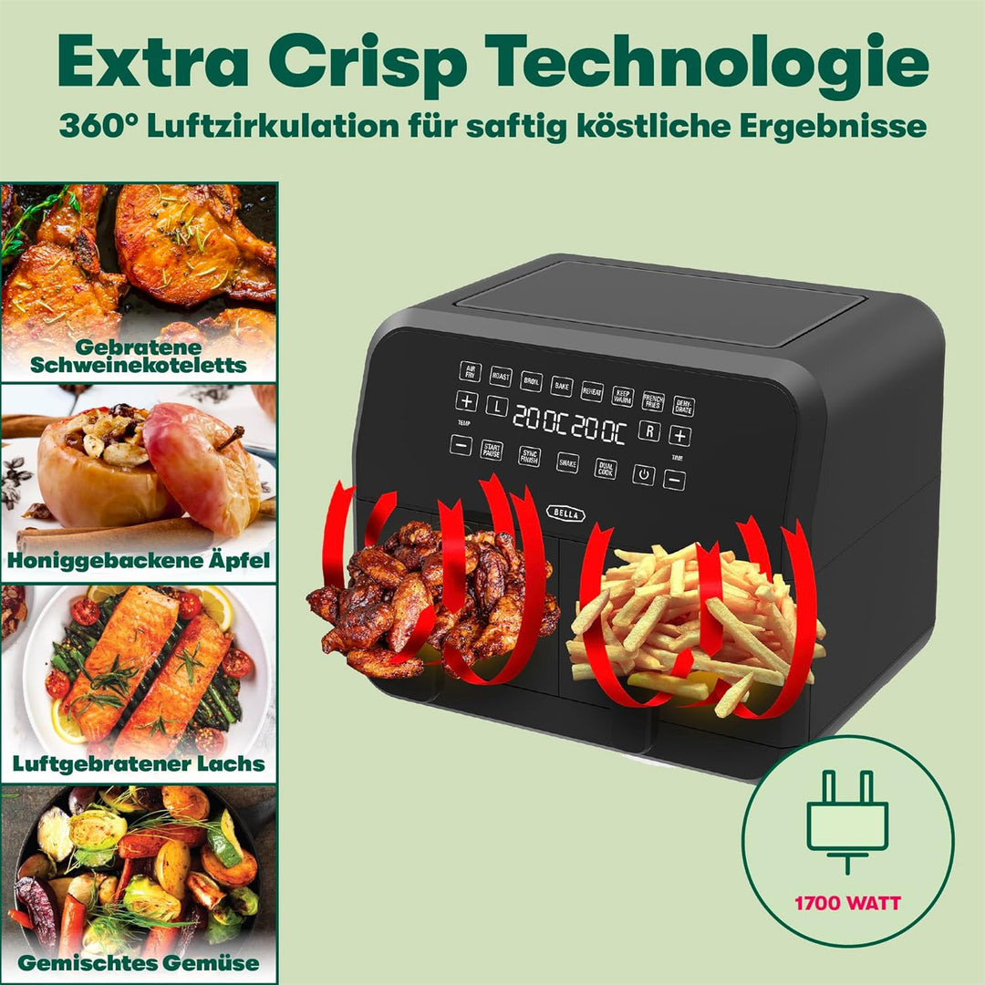 bella 8L Dual Basket Heissluftfritteuse mit Touchscreen, 8 Kochfunktionen, einstellbarer Temperatur,