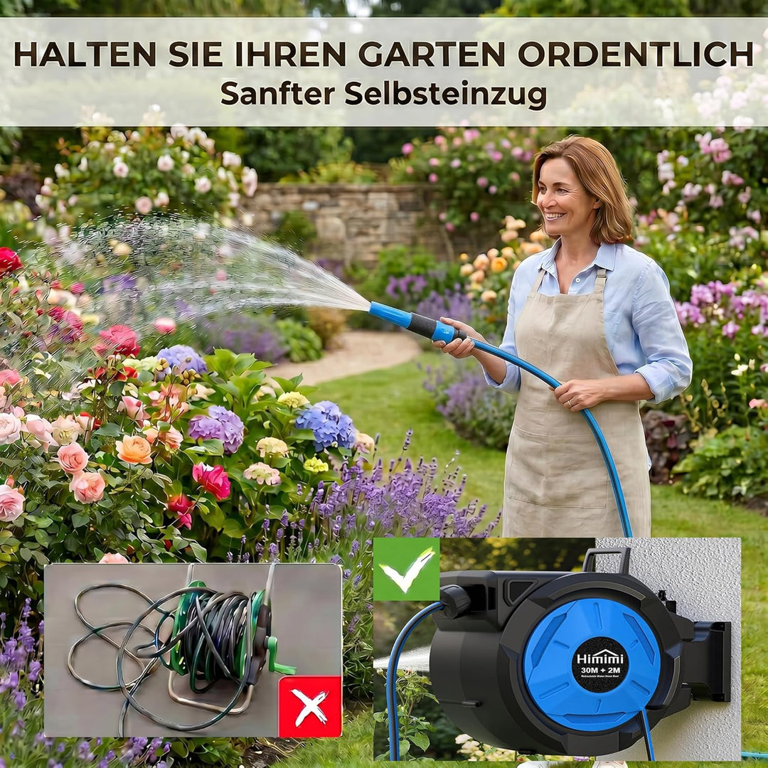 Himimi Schlauchtrommel 30m Wandmontage, Automatische Wandschlauchbox mit 180° Schwenk & stufenloser