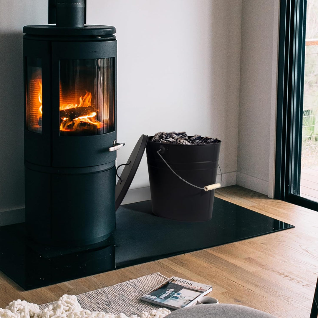 Theo&Cleo 15L Ascheeimer mit Deckel und Schaufel, Feuerfest Metalleimer, Kohleeimer für Kohle und As