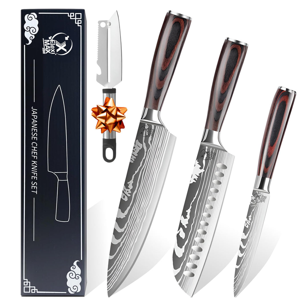 Küchenmesser Set von Küchenmessern: Chefmesser 8”, Santoku Messer 7”, Allzweckmesser 5” und Kartoffe