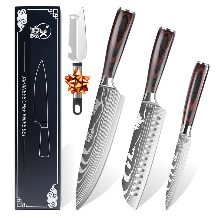 Küchenmesser Set von Küchenmessern: Chefmesser 8”, Santoku Messer 7”, Allzweckmesser 5” und Kartoffe