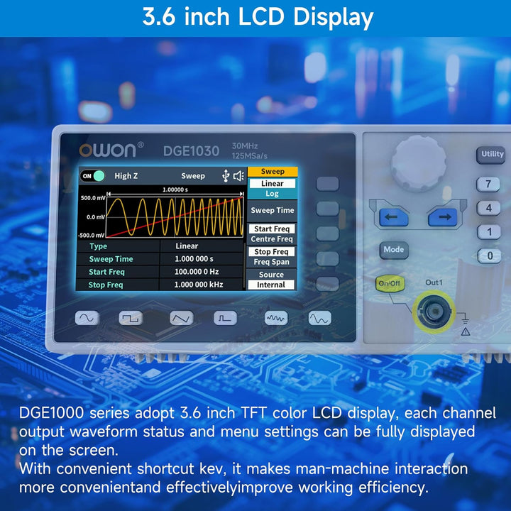 OWON DGE1030 Signalgenerator - Ein-Kanal Funktionsgenerator, 30 MHz Frequenzausgabe, 125 MSa/s Abtas