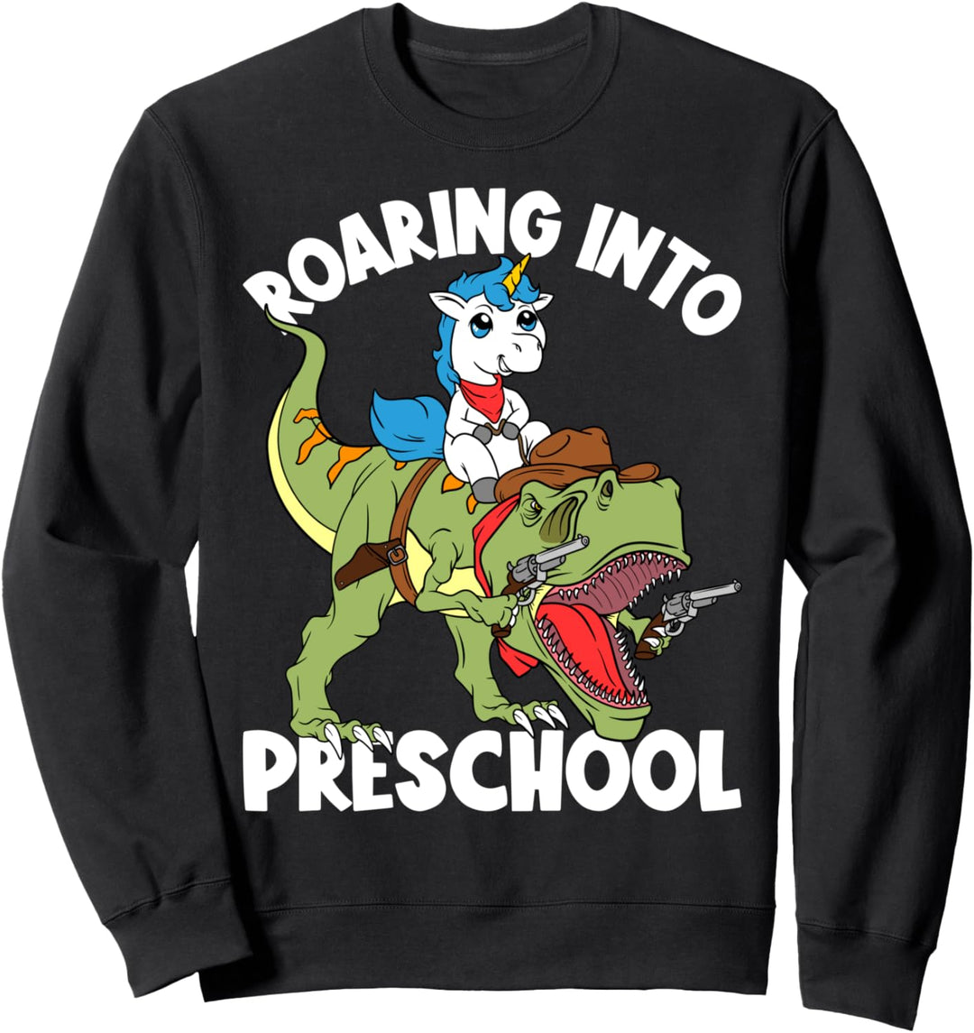 Roaring Into Vorschul-Junge Kinder Jungen Einhorn reitet Dinosaurier Sweatshirt