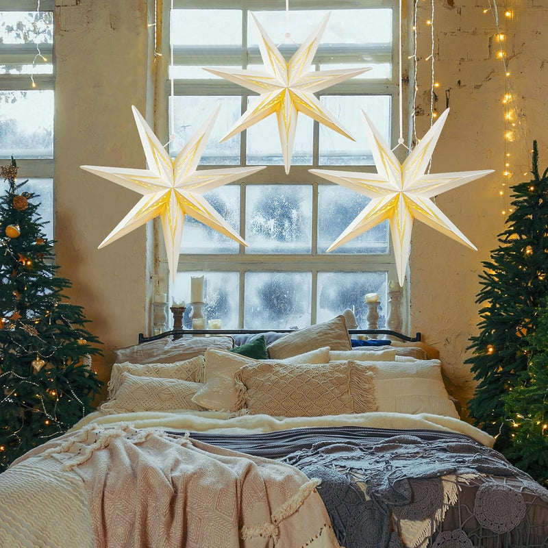 SUNBEAUTY 3er Set Papiersterne Weiss 30cm Faltstern Beleuchtet Weihnachten Deko 7 Zacken Faltsterne