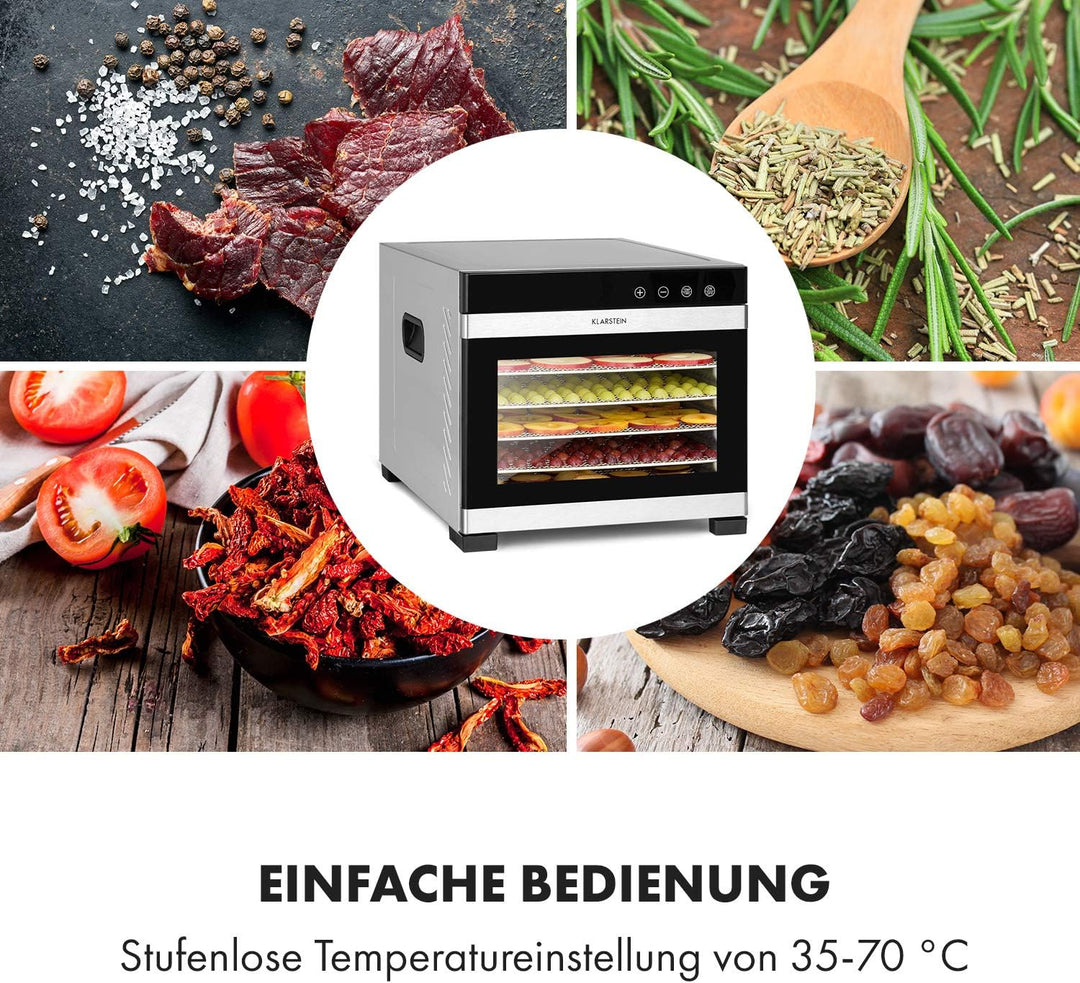 Klarstein Flavour Dry Dörrautomat, Edelstahl-Gehäuse, 6 Edelstahl-Ablagegitter, Temperatur: 35-75 C°