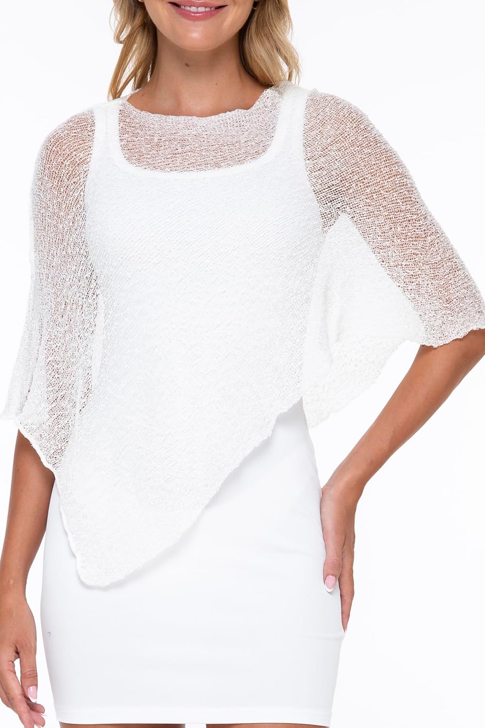 SHU-SHI - Damen Poncho-Top - transparent - leichtes Strickmaterial Weiss, Weiss
