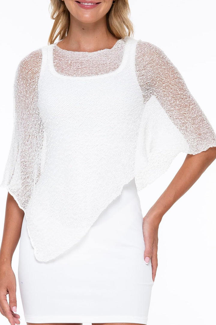 SHU-SHI - Damen Poncho-Top - transparent - leichtes Strickmaterial Weiss, Weiss