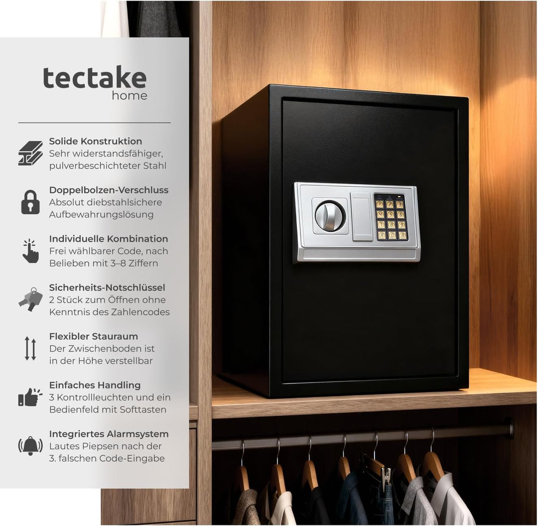 tectake® elektronischer Safe, Tresor für Zuhause, mit Sicherheitscode, mit Schloss und Notfall Schlü